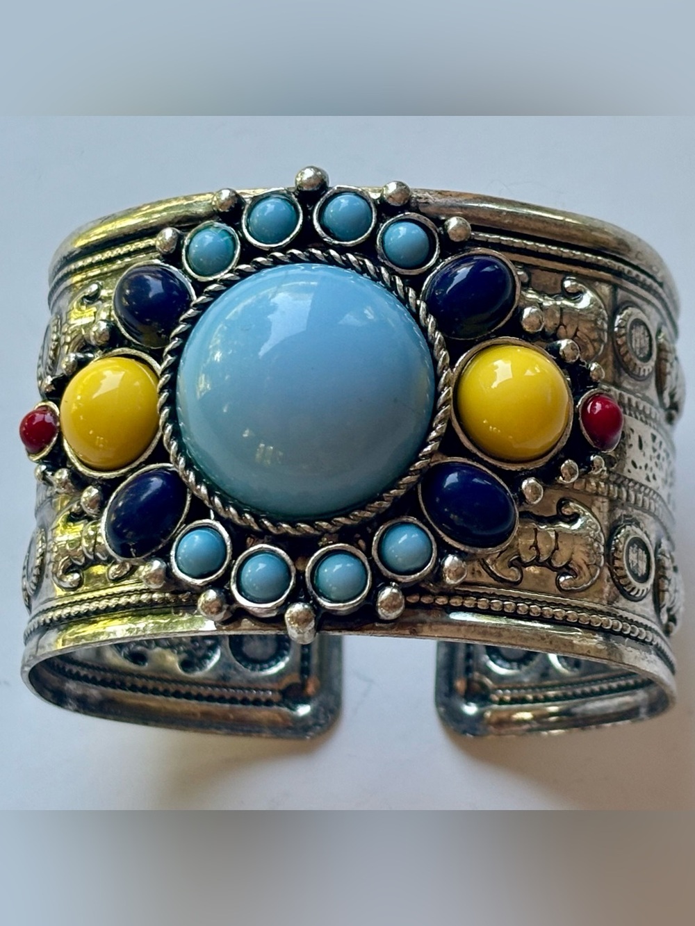 Ornate Silver Tone Boho Cuff Bracelet Multi Color Faux Stone Statement